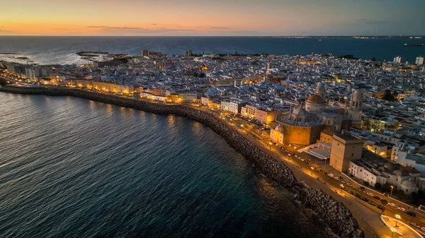 Sunset View Cadiz City Lights Andalusia Spain Great Aerial View 로열티 프리 스톡 이미지