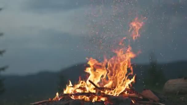 Falò Turistico Con Scintille Che Volano Aria Colpo Rallentatore Campfire — Video Stock