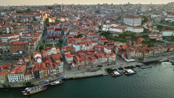 Morning Aerial View Porto Downtown Portugal Old Houses Orange Roofs — Stock Video