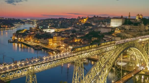Porto Daki Eski Şehir Hdr Karesi Şehir Işıklarıyla Luis Köprüsü — Stok video
