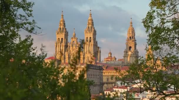 Zdjęcie Gimbala Katedry Santiago Compostela Zachodzie Słońca Ostatni Punkt Pielgrzymów — Wideo stockowe
