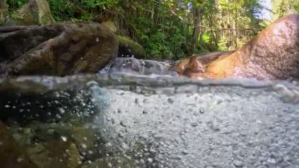Legtisztább Víz Buborékokkal Alpesi Folyóban Félig Víz Alatti Lassított Felvétel — Stock videók