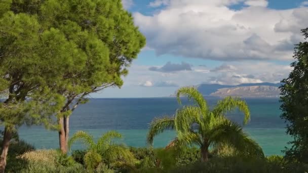 Пейзаж Зелеными Деревьями Морем Горами Западной Сицилии Недалеко Палермо Италия — стоковое видео