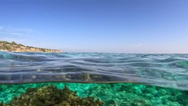 Halb Unterwasserblick Auf Das Mittelmeer Mit Klarem Türkisfarbenem Wasser Kuppelaufnahme — Stockvideo