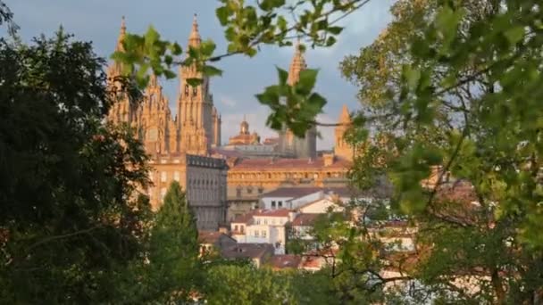 Santiago Compostela Katedrali Nin Gün Batımında Gimbal Çekimi Camino Santiago — Stok video