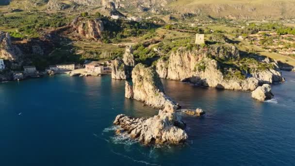 Luftaufnahme Vom Strand Von Scopello Auf Sizilien Italien Tonnara Scopello — Stockvideo
