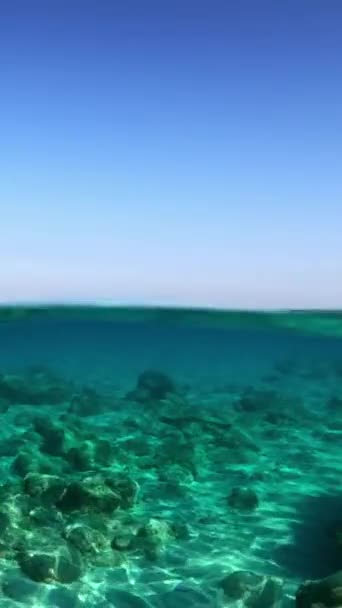 Kristalhelder Blauw Water Middellandse Zee Half Onderwater Verticale Slow Motion — Stockvideo