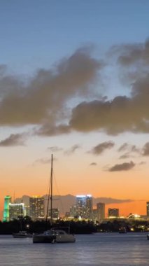 Miami Downtown gökdelenlerinin zaman aşımına uğraması ve gece şehrin ışıklarının yanması. Miami Beach, Florida, ABD 'den görüntü. Dikey Video