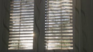 Dairede panjurları olan bir pencere, sabah güneşi parlıyor. Pencerenin dışında güneşli güzel bir sabah, rüzgarda çırpınan ağaç yaprakları.