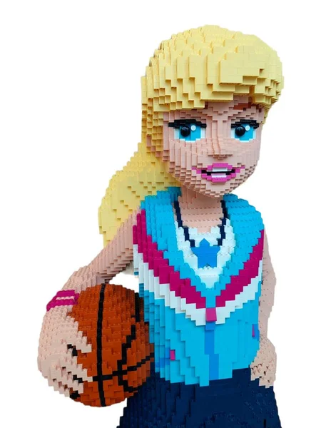 Handballmädchen Aus Legoelementen Weißer Isolierter Hintergrund lizenzfreie Stockbilder