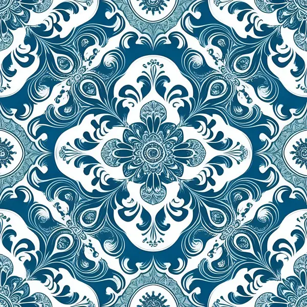 ブルーとホワイトフローラルパターンは あらゆるプロジェクトにエレガンスを加えるのに最適です シームレスなデザインは 鮮やかな白い背景に繊細なブルーの花と渦を特徴としています ストック写真