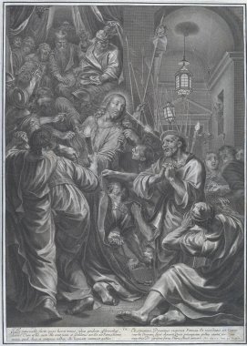 Caiaphas, Gregoire Huret 'ın oymasını reddeden Aziz Peter' a bakmadan önce Peter 'ın İsa' yı tanıdığını inkar ettiğini resmetmiş..