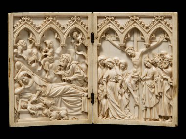 14. yüzyıl Fransız fildişi dipçiği Annunciation ve çarmıha germe sahneleri, Gotik dini heykel