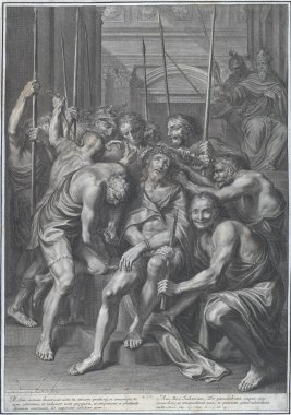 A black and white engraving of Christ being crowned with thorns, surrounded by soldiers and onlookers. The scene is dramatic and detailed, with figures in various poses and expressions. clipart