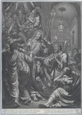 Caiaphas, Gregoire Huret 'ın oymasını reddeden Aziz Peter' a bakmadan önce Peter 'ın İsa' yı tanıdığını inkar ettiğini resmetmiş..