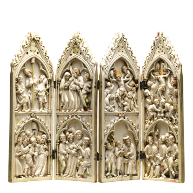 14. yüzyılda İsa 'nın Tutkusu' ndan sahneler içeren katlanmış fildişi tapınak, Fransız ya da Alman.