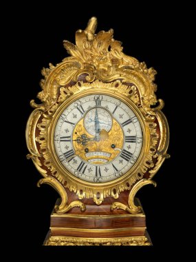 A close-up of an antique French longcase equation regulator by Ferdinand Berthoud, featuring intricate marquetry, gilded ormolu accents, and a graceful rococo design. clipart