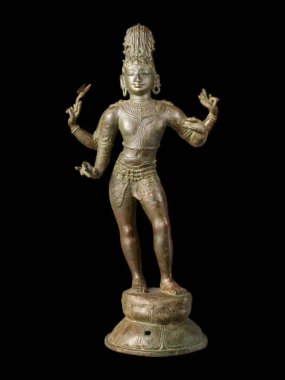 Shiva 'nın Üç Şehrin Yok Edicisi rolündeki antik taş heykeli, Hindistan' ın Tamil Nadu kentinden karışık detaylar ve geleneksel hindu sanatını sergiliyor..