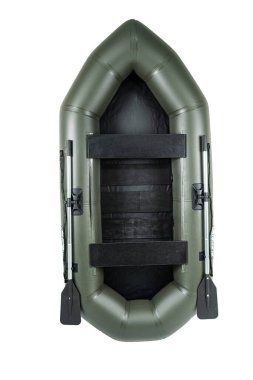 Şişirilebilir pvc, renkli haki rengi, güverte kontrplak maun pervazlı, motorun altında pedleri var, üst manzara, beyazda izole edilmiş. Yüksek kalite fotoğraf