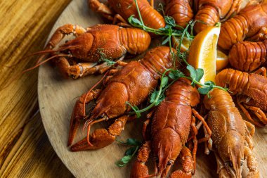 Nehir kerevit haşladı. Kırmızı pişmiş kerevit. Kerevitli tabak. Yüksek kalite fotoğraf