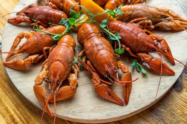 Nehir kerevit haşladı. Kırmızı pişmiş kerevit. Kerevitli tabak. Yüksek kalite fotoğraf