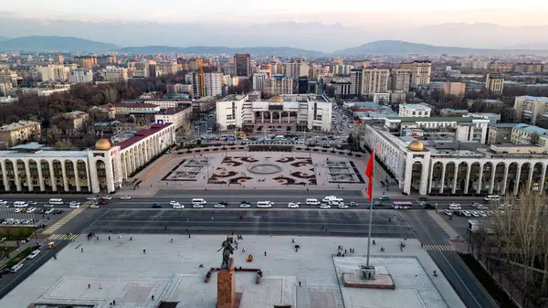 Вид Воздуха Город Бишкек Кыргызстан Время Захода Солнца Высокое Качество Стоковое Изображение