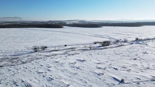雪のフィールドで乗るAtvのトップビュー 航空ショット 高品質のフルHd映像 — ストック動画