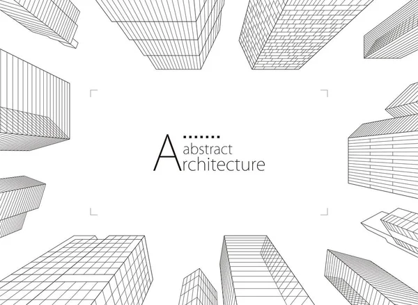 3Dイラスト 抽象的な現代都市景観の線画 想像力豊かな建築物の建築物の視点デザイン — ストックベクタ
