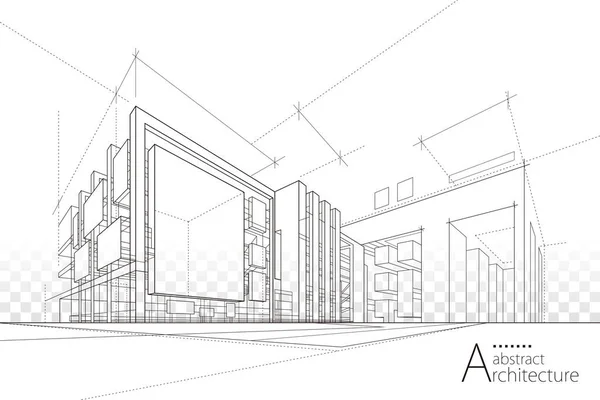 3Dイラスト抽象的な現代都市建築のアウトライン黒と想像力アーキテクチャの白の図面建築物の視点デザイン — ストックベクタ