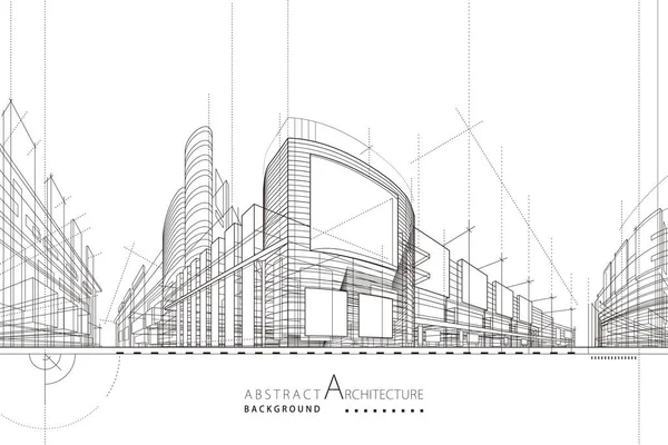 3Dイラスト 抽象的な現代都市景観線図 想像力豊かな建築物の建築物の視点デザイン — ストックベクタ