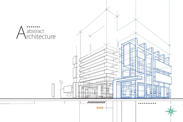 3Dイラスト抽象的な現代都市建築想像力の線画建築物の外観デザイン — ストックベクタ