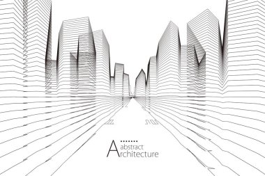 3D illüstrasyon, soyut modern şehir manzarası çizimi, yaratıcı mimari yapı perspektifi tasarımı.