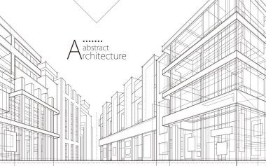 3D illüstrasyon, soyut modern şehir manzarası çizimi, yaratıcı mimari yapı perspektifi tasarımı.