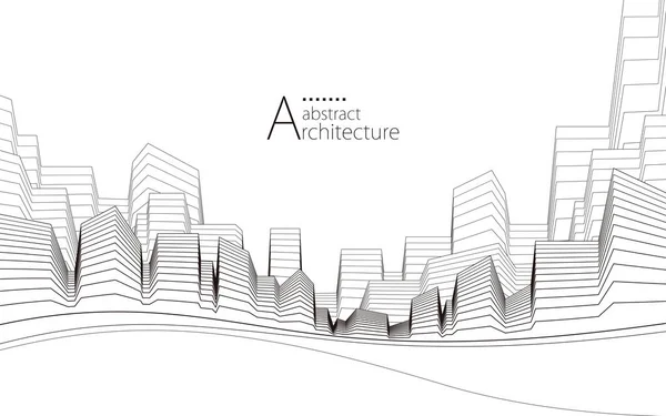 3Dイラスト 抽象的な現代都市景観線図 想像力豊かな建築物の建築物の視点デザイン — ストックベクタ
