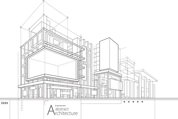 Ilustracja Abstrakcyjny Nowoczesny Budynek Urbanistyczny Out Line Czarno Biały Rysunek — Wektor stockowy