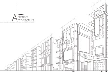 3D illüstrasyon, soyut modern şehir manzarası çizimi, yaratıcı mimari yapı perspektifi tasarımı.