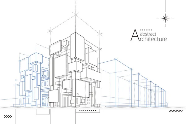 Illustration Abstrakt Urban Byggnad Line Ritning Fantasi Arkitektur Byggnad Konstruktion Vektorgrafik
