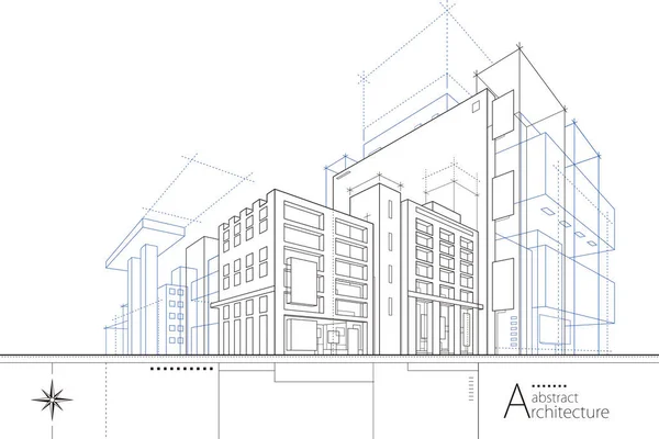Illustration Abstrakt Urban Byggnad Line Ritning Fantasi Arkitektur Byggnad Konstruktion — Stock vektor