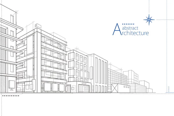 Illustration Abstrakt Modern Stadslandskapsritning Fantasifull Arkitektur Byggnad Perspektiv Design Stockvektor