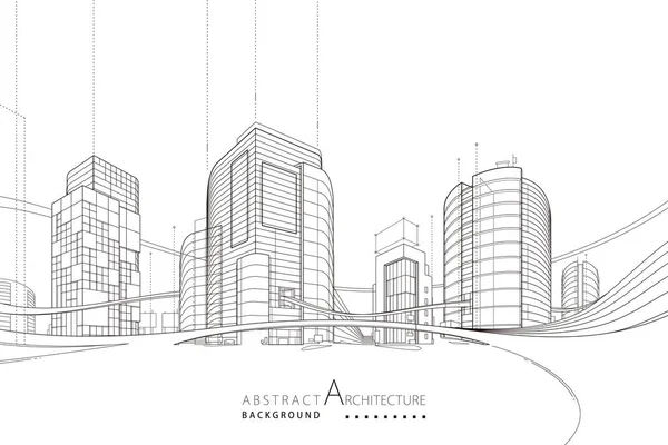 三维图解抽象现代城市建筑外线条黑白画想象建筑建筑的建设远景设计 免版税图库插图