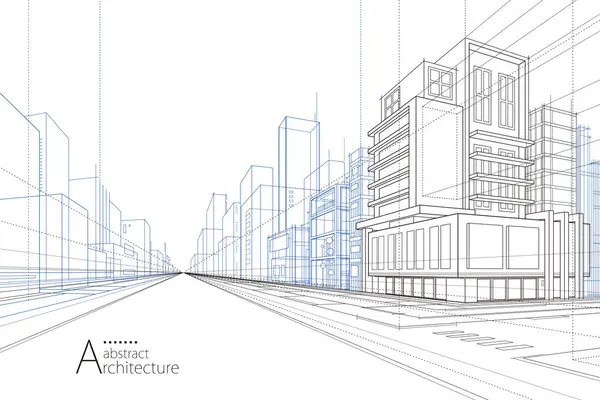 Illustration Abstrakt Modern Urban Byggnad Line Ritning Fantasi Arkitektur Byggnad Royaltyfria Stockvektorer