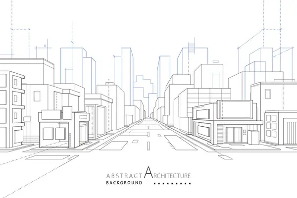 3Dイラスト 抽象的なモダンな都市建築のアウトライン描画 想像建築建築の視点設計 ストックベクター