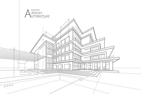 3D illustration, imaginative architecture building construction perspective design line drawing.
