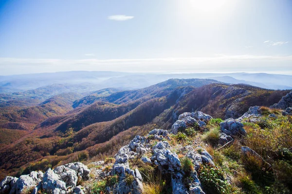 Beautiful view of mountain landscape on sunny autumn day. Cloudy sky. Picturesque scenery. Serbia, Europe.