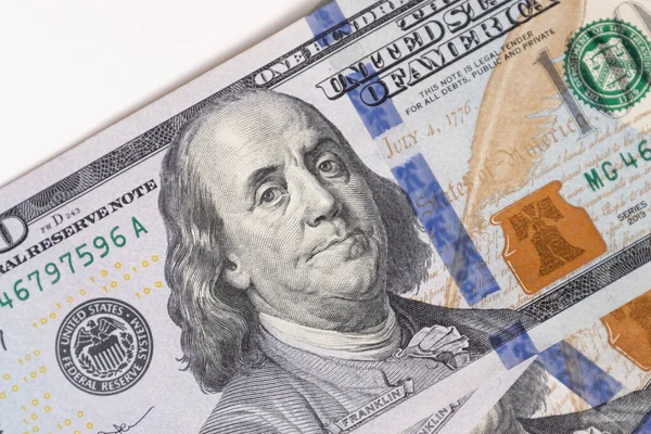 Close Uma Nota Cem Dólares Com Benjamin Franklin Símbolo Icônico — Fotografia de Stock