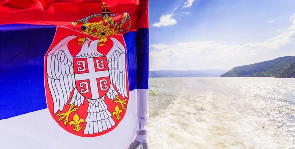 National Flag Serbia Waving Wind Cruise Ship Danube River Landscape — Stock Photo, Image