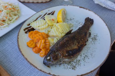 Restoran masasında ızgara alabalık porsiyonu, haşlanmış patates ve dilimlenmiş havuç..