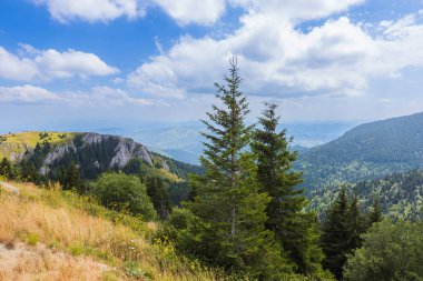 Yaz doğa dağları manzarası. Yeşil tepelerin ve tarlaların manzarası. Bulutlu güzel mavi gökyüzü. Kopaonik Dağı, Sırbistan ve Avrupa 'nın panoramik manzarası.