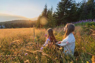 Çocuklar gün batımında çayırda doğal ortamın tadını çıkarıyorlar..