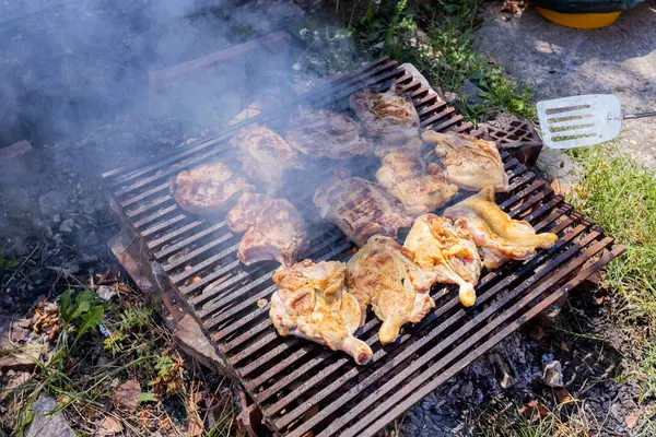 Kippenvlees Met Gegrild Vlees Een Barbecue — Stockfoto